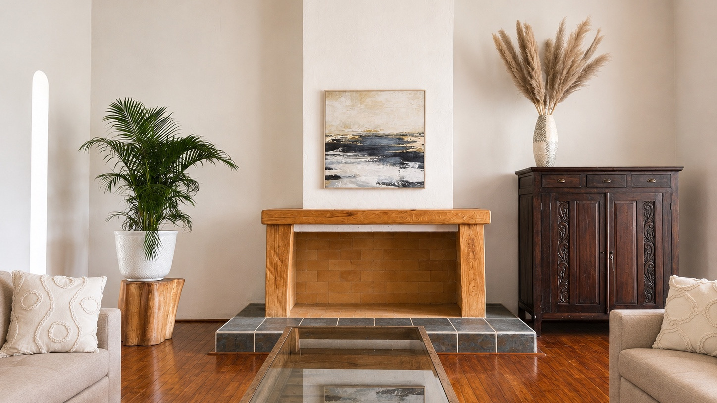 Sala de estar con chimenea y pisos de madera