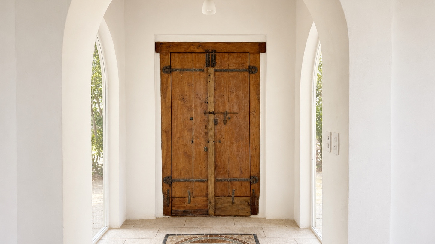 Ingreso con portón de madera y arcos blancos