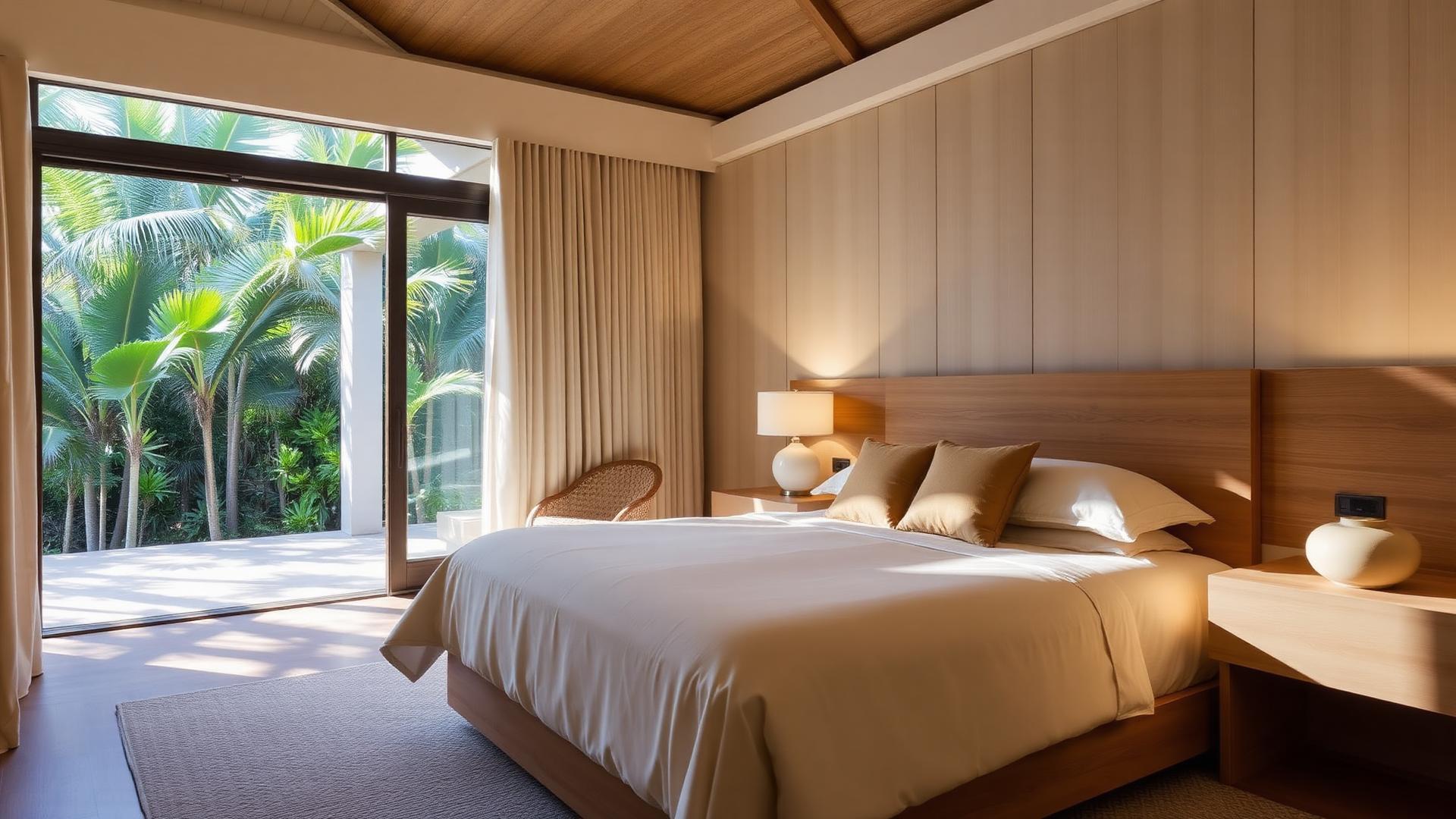 A bedroom with an oak headboard and washed-linen upholstery in low morning light.